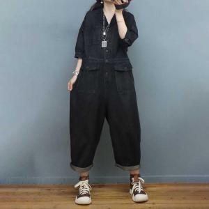 Polo Neck Stone Wash Jumpsuits High Waist Denim Gardening Clothes