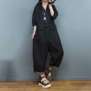 Polo Neck Stone Wash Jumpsuits High Waist Denim Gardening Clothes