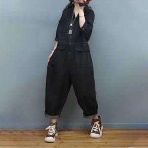 Polo Neck Stone Wash Jumpsuits High Waist Denim Gardening Clothes