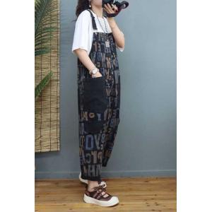 Colorful Letters Black Dungarees Adjustable Straps Painted Overalls