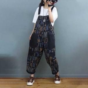 Colorful Letters Black Dungarees Adjustable Straps Painted Overalls