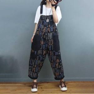 Colorful Letters Black Dungarees Adjustable Straps Painted Overalls