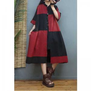 Color Block Short Sleeves Coat Dress Mid-Calf Plus Size Coat