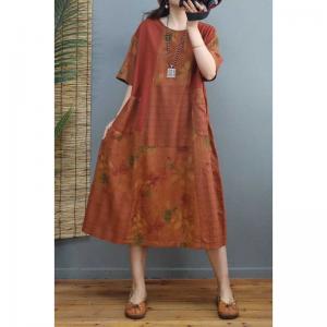 Beach Fashion Cotton Linen Folk Dress Floral Mid-Calf Dress