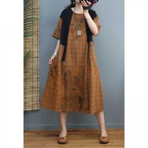 Beach Fashion Cotton Linen Folk Dress Floral Mid-Calf Dress