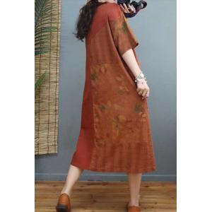 Beach Fashion Cotton Linen Folk Dress Floral Mid-Calf Dress