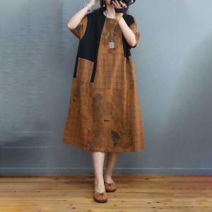 Beach Fashion Cotton Linen Folk Dress Floral Mid-Calf Dress