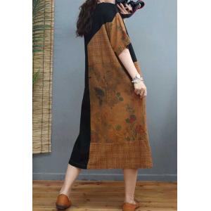 Beach Fashion Cotton Linen Folk Dress Floral Mid-Calf Dress