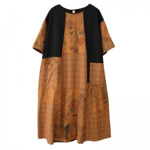 Beach Fashion Cotton Linen Folk Dress Floral Mid-Calf Dress