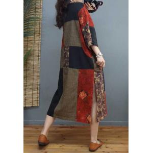 Folk Style Printed Patchwork Dress Cotton Linen Side Slit Dress