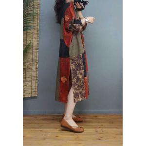 Folk Style Printed Patchwork Dress Cotton Linen Side Slit Dress