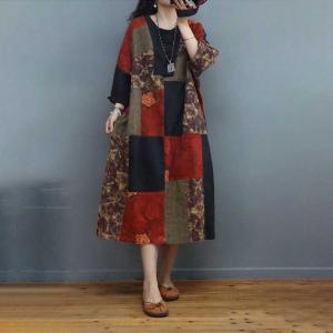 Folk Style Printed Patchwork Dress Cotton Linen Side Slit Dress