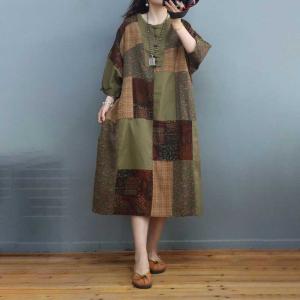 Folk Style Printed Patchwork Dress Cotton Linen Side Slit Dress