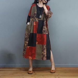 Folk Style Printed Patchwork Dress Cotton Linen Side Slit Dress