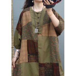 Folk Style Printed Patchwork Dress Cotton Linen Side Slit Dress