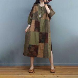 Folk Style Printed Patchwork Dress Cotton Linen Side Slit Dress