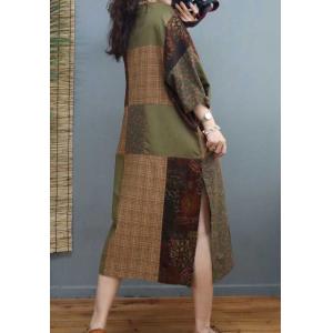 Folk Style Printed Patchwork Dress Cotton Linen Side Slit Dress