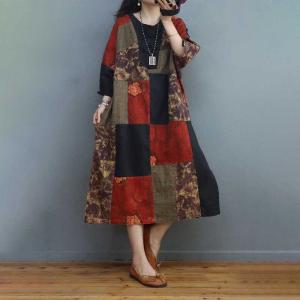 Folk Style Printed Patchwork Dress Cotton Linen Side Slit Dress