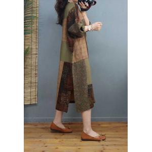 Folk Style Printed Patchwork Dress Cotton Linen Side Slit Dress