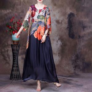 Colorful Flowers Silk Shift Dress Half Sleeves Modest Dress