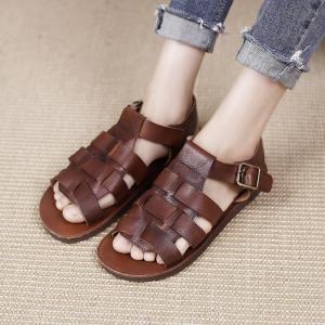 Super Soft Cowhide Leather Flats Buckle Toeless Gladiator Sandals