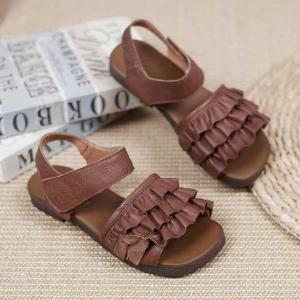 Cowhide Leather Toeless Sandals Womens Summer Flouncing Flats