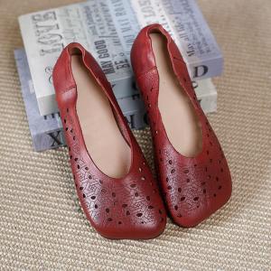 Round Toe Soft Leather Flats Slip-On Granny Shoes for Women