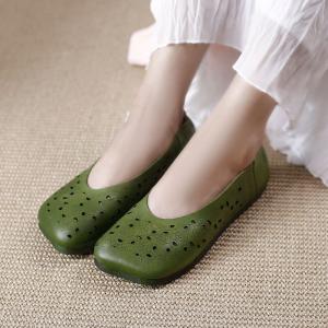 Round Toe Soft Leather Flats Slip-On Granny Shoes for Women