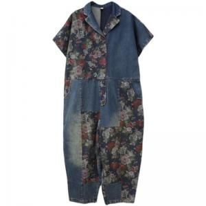 Short Sleeves Printed Denim Jumpsuits Plus Size Gardening Outfits