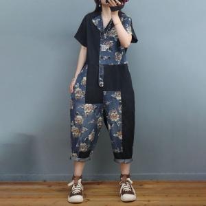 Short Sleeves Printed Denim Jumpsuits Plus Size Gardening Outfits