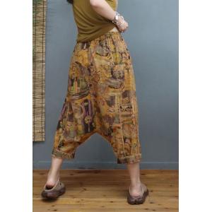 Summer Cotton Linen Totem Pants Womens Cropped Harem Pants