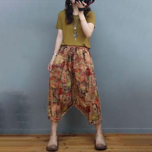 Summer Cotton Linen Totem Pants Womens Cropped Harem Pants