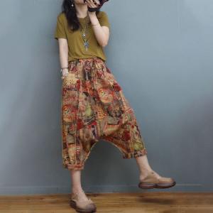 Summer Cotton Linen Totem Pants Womens Cropped Harem Pants