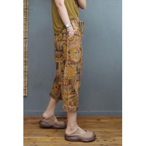 Summer Cotton Linen Totem Pants Womens Cropped Harem Pants