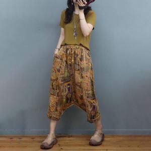 Summer Cotton Linen Totem Pants Womens Cropped Harem Pants