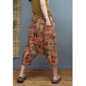 Summer Cotton Linen Totem Pants Womens Cropped Harem Pants
