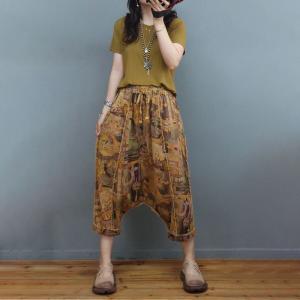 Summer Cotton Linen Totem Pants Womens Cropped Harem Pants