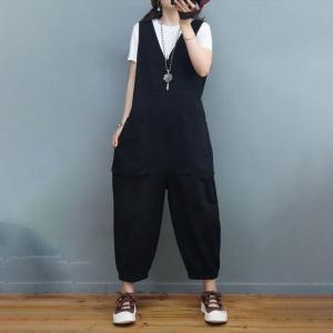 V-Neck Large Sleeveless Jumpsuits Plain Tapered Jumpsuits