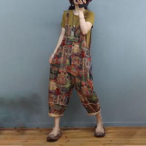 Ethnic Patterns Painted Overalls Cotton Linen Beach Overalls