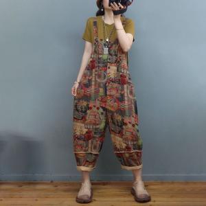 Ethnic Patterns Painted Overalls Cotton Linen Beach Overalls