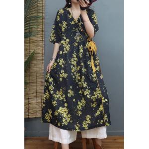 Yellow Floral Loose Ramie Wrap Dress Midi Black Tied Dress