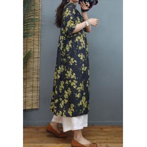 Yellow Floral Loose Ramie Wrap Dress Midi Black Tied Dress