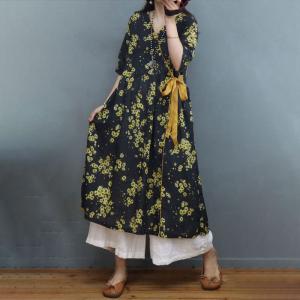 Yellow Floral Loose Ramie Wrap Dress Midi Black Tied Dress