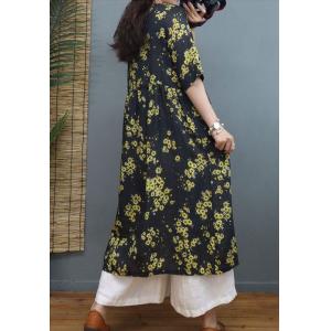 Yellow Floral Loose Ramie Wrap Dress Midi Black Tied Dress