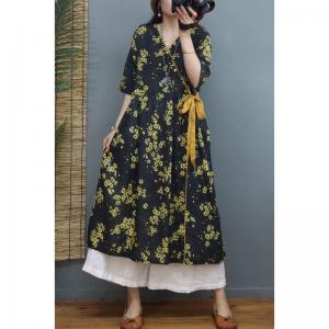 Yellow Floral Loose Ramie Wrap Dress Midi Black Tied Dress