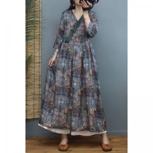 High-Waist Printed Folk Dress Loose Ramie Boho Dress