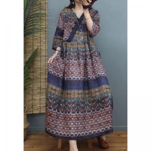 High-Waist Printed Folk Dress Loose Ramie Boho Dress