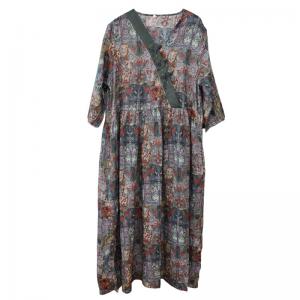 High-Waist Printed Folk Dress Loose Ramie Boho Dress