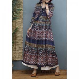 High-Waist Printed Folk Dress Loose Ramie Boho Dress