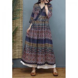 High-Waist Printed Folk Dress Loose Ramie Boho Dress